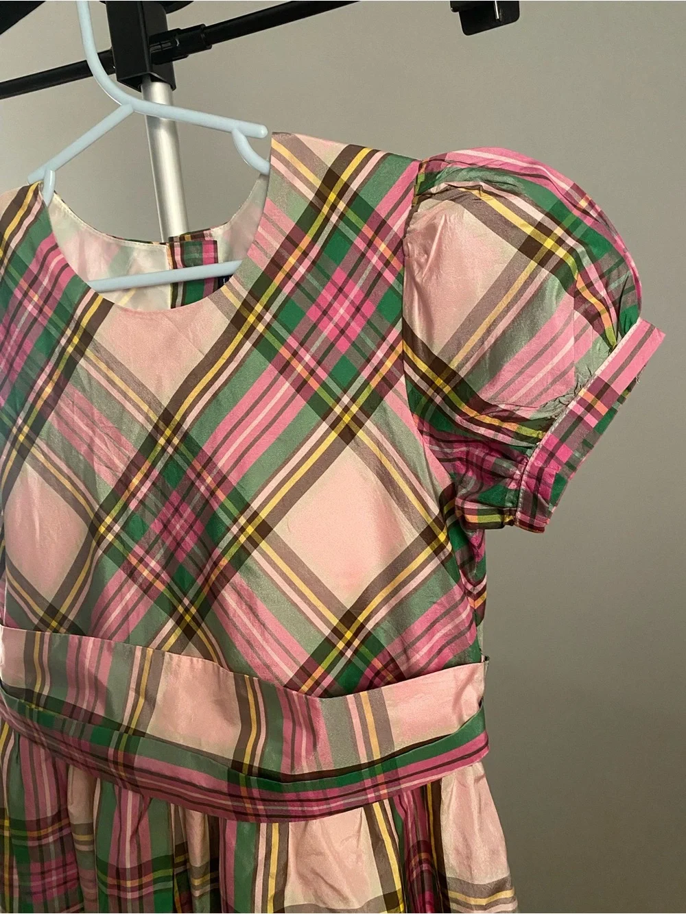 Lands’ End Girls 6X 100% Silk Pink Plaid Puff Sleeve Party Dress EUC